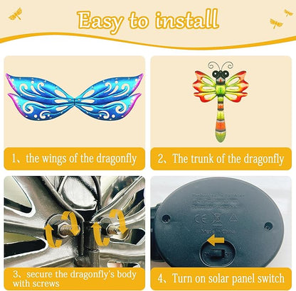 Metal dragonfly wall art with LED beads, plus solar switch and mounting screws shown