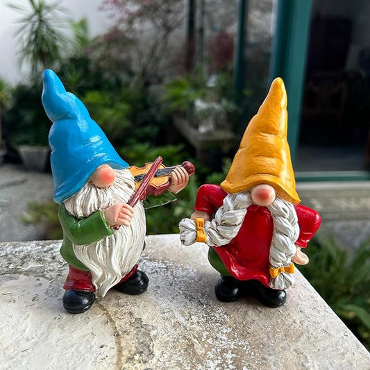 Garden gnome figurines set of 2, blue and yellow hats, violin player and dancing gnome