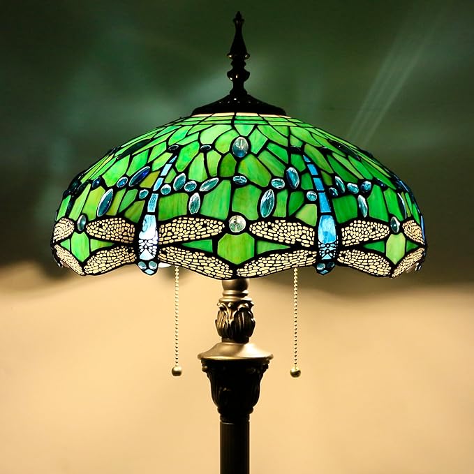 Green stained glass floor lamp with dome shade, bronze base, and hanging pull chains