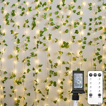 Ivy Vine Fairy Lights – 6.5ft x 6.5ft 200 LED Warm White | Pre-Strung Leaf Curtain Lights | Remote Timer Dimmer | Bedroom Dorm Wedding Party Wall Decor