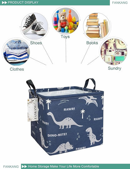 Dinosaur Canvas Storage Bin - Foldable Waterproof Navy Dino Basket for Boys Room, Toys, and Kids Gifts