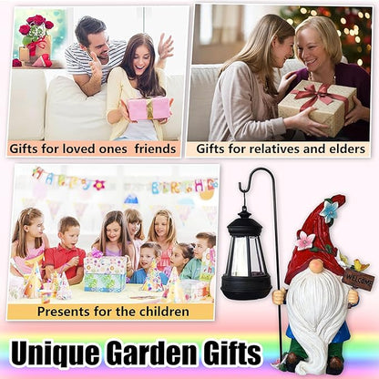 Solar Gnome Garden Statues Outdoor Décor with Lantern- Gnome Figurines Solar LED Light Lawn Ornaments - Yard Decorations for Patio, Balcony, Backyard -Unique House Warming Gifts for Mom