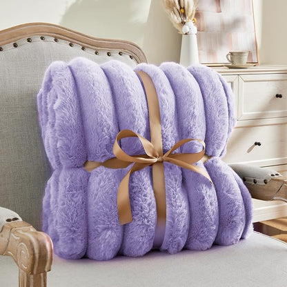 Lavender Faux Rabbit Fur Throw Blanket – 50"x60" | 770GSM Double-Sided Luxury Fluffy Blanket | 3D Striped Plush Couch Throw for Women