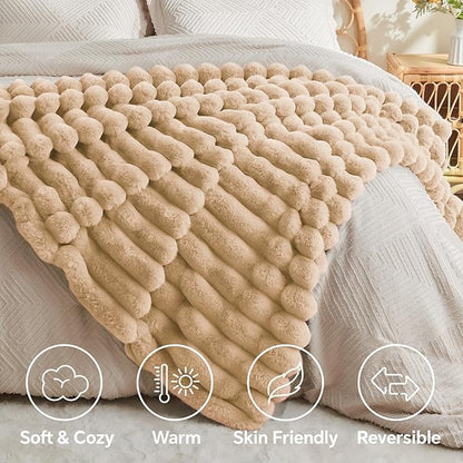 Brown Faux Rabbit Fur Throw Blanket – 60"x80" | 770GSM Double-Sided Luxury Fluffy Blanket | 3D Striped Plush Throw for Two