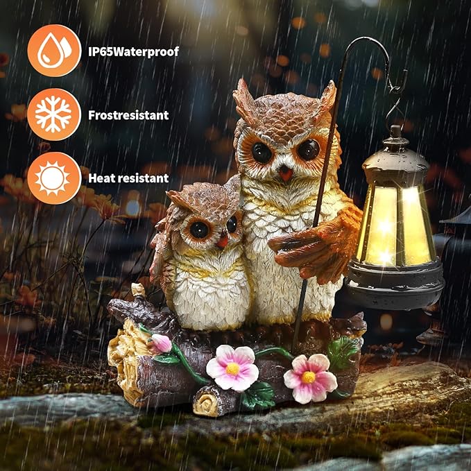 Owl Family Solar Garden Statue with LED Lantern - IP65 Resin Decor
