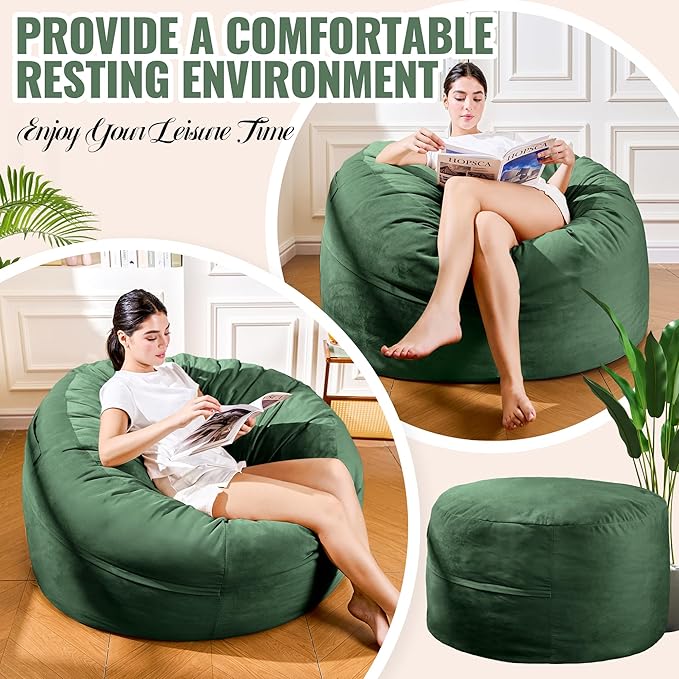 4ft Green Velvet Bean Bag Chair - Cozy Sponge Fill Velvet Lounger for Family, Gaming, and Bedtime Snuggles