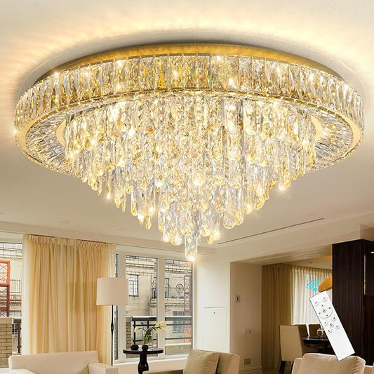 Gold flush-mount crystal chandelier ceiling light with dangling crystal strands