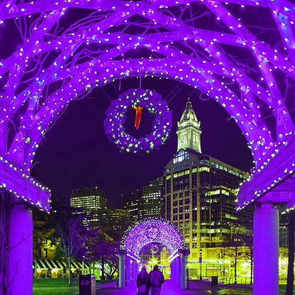 Purple LED overhead string lights forming an arch with glowing wreath centerpiece