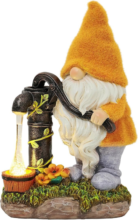 Solar-powered fall gnome decoration with orange hat, black pump, and glowing lantern