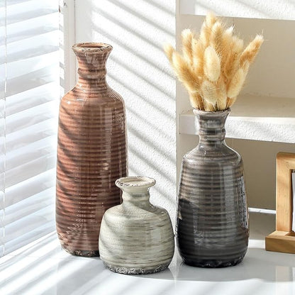 Set of 3 ceramic vases with ribbed texture, terracotta brown and stone-gray finishes
