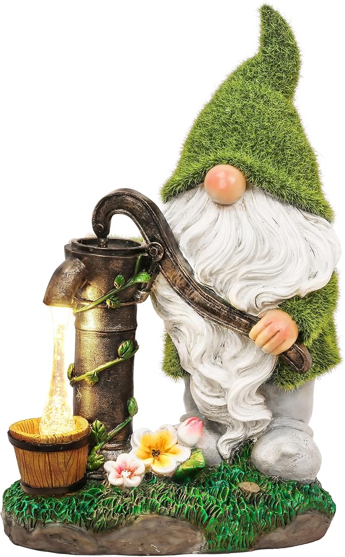 Solar-powered resin garden gnome decor with green cap, white beard, and glowing lantern