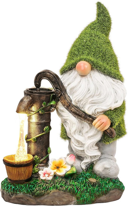 Solar-powered resin garden gnome decor with green cap, white beard, and glowing lantern