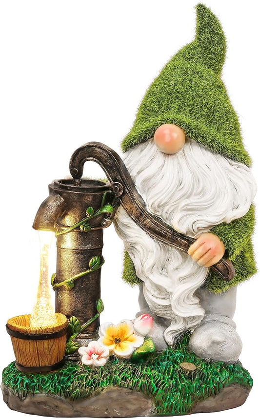 Solar-powered resin garden gnome decor with green cap, white beard, and glowing lantern