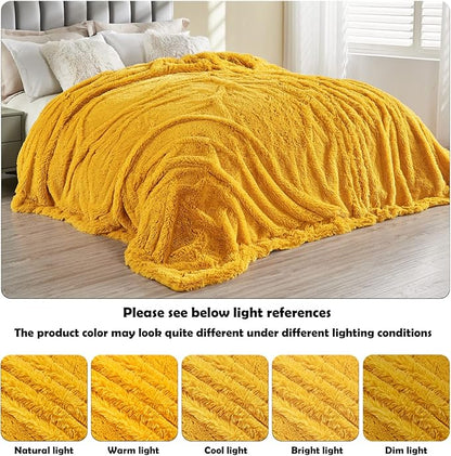 Mustard Yellow Shaggy Faux Fur Queen Blanket – 90"x90" | 1.5" Deep Plush Pile | Bold Boho Throw for Queen Beds, Sofas & Autumnal Interiors