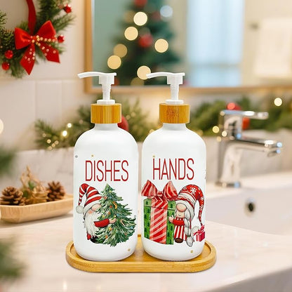 Set of 2 Christmas soap dispensers with pumps, white bottles with DISHES and HANDS labels
