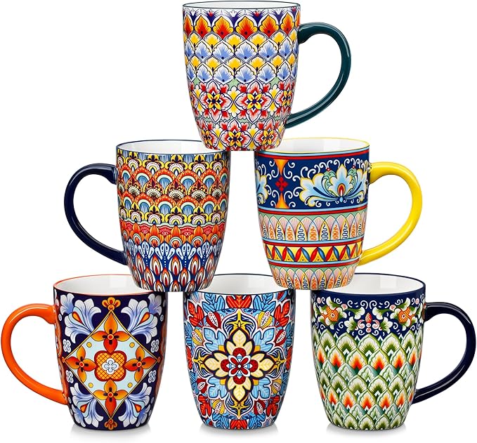 Set of 6 colorful ceramic coffee mugs with handles, boho floral and geometric patterns
