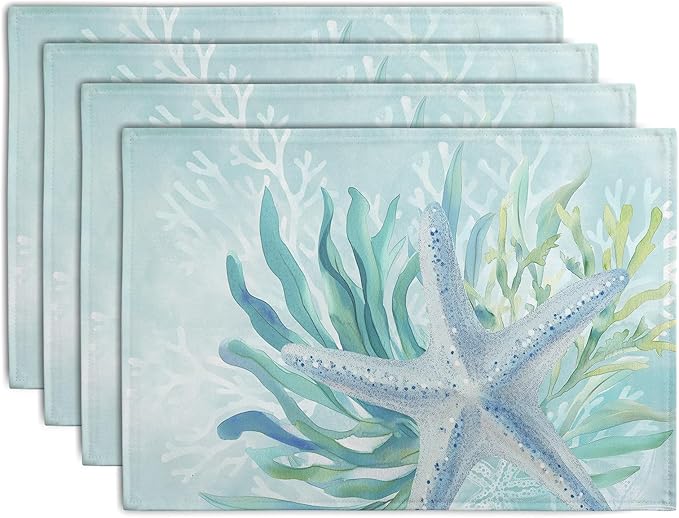 Set of teal blue cotton-linen placemats with starfish and seaweed ocean print, set of 4