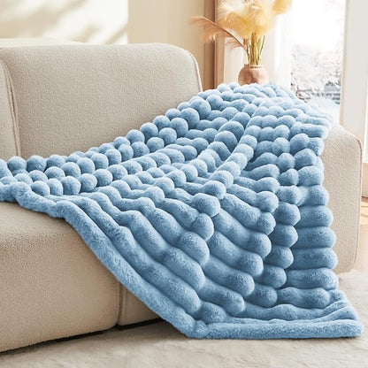 Light Blue Faux Rabbit Fur Throw Blanket – 50"x60" | 770GSM Double-Sided Luxury Fluffy Blanket | All Seasons | 3D Striped Plush Couch Throw