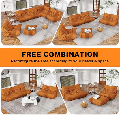 Amber Orange Ripple Loveseat Floor Sofa - Togo-Style Foam Lounge Sofa for Bold Living Rooms, Boho Interiors, and Family Moments Worth Remembering