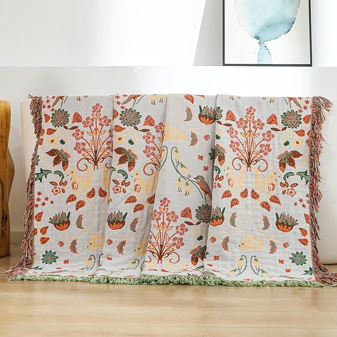Light Green Squirrel Print Boho Cotton King Blanket – 90"x98" | 4-Layer Breathable 100% Cotton | OEKO-TEX GOTS GRS Certified Farmhouse Throw