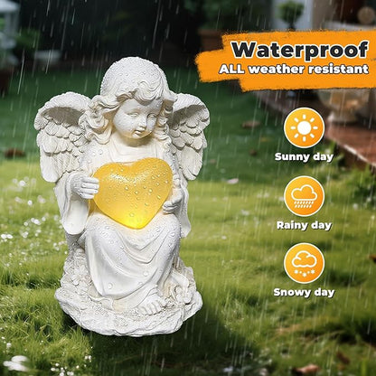 Solar Angel Garden Statue with Glowing Heart - Resin Outdoor Memorial and Love Decor