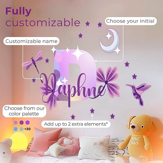 Purple butterfly and flower name wall decal with sparkly star details