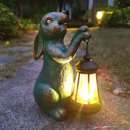 Solar Rabbit Garden Statue Holding Lantern - Resin Outdoor Decor with Warm Welcoming Glow