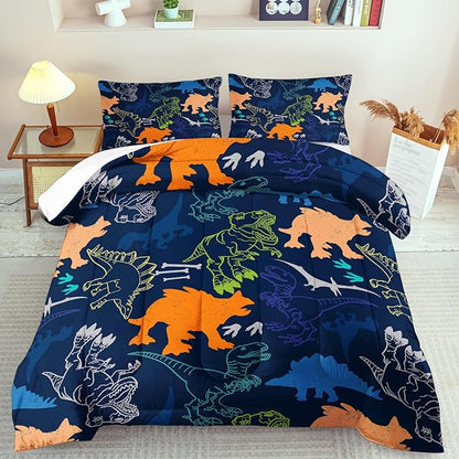 Blue dinosaur comforter set with matching pillow shams, allover colorful dino print.
