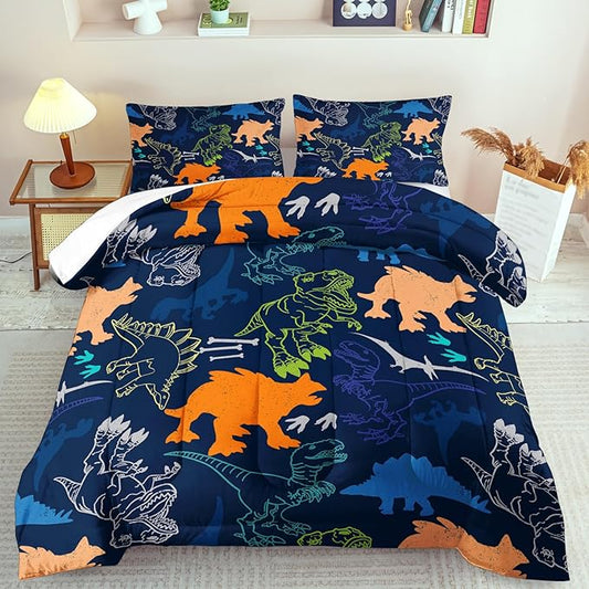 Blue dinosaur comforter set with matching pillow shams, allover colorful dino print.