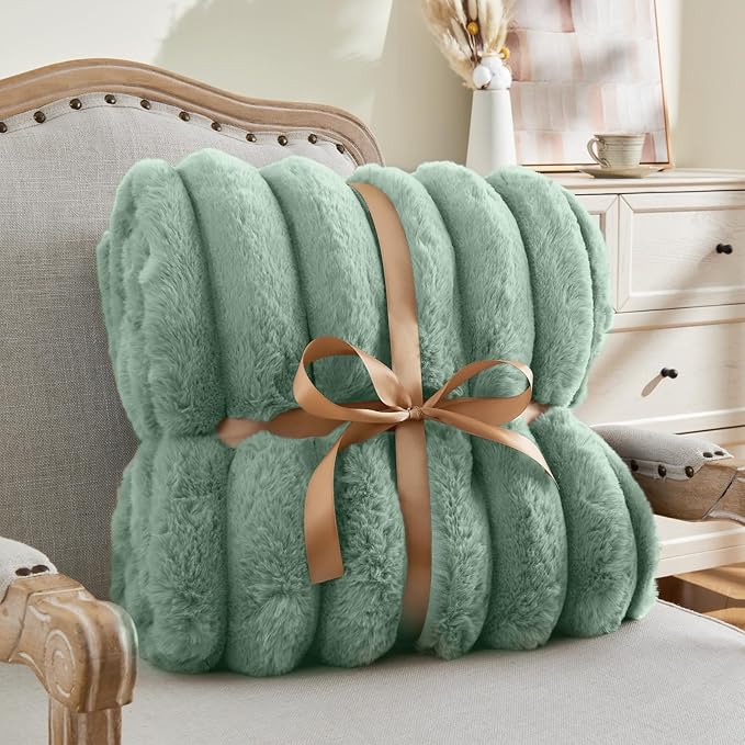 Sage Green Faux Rabbit Fur Throw Blanket – 50"x60" | 770GSM Double-Sided Luxury Fluffy Blanket | All Seasons | 3D Striped Plush Couch Throw