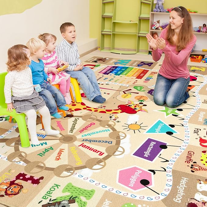 Beige alphabet learning rug with rainbow bands and month names in a learning maze circle.
