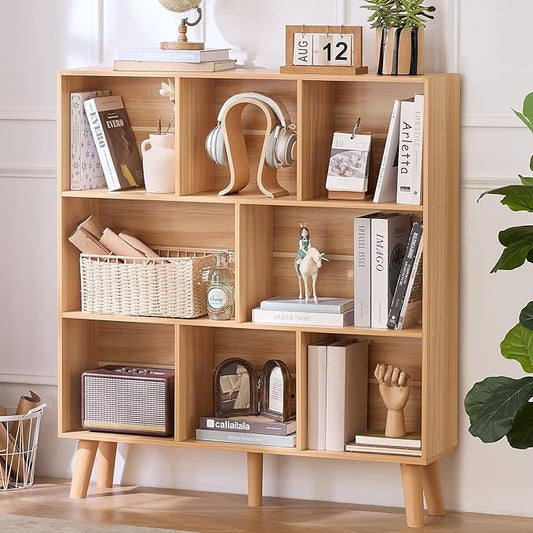 Natural Oak 8-Cube Wide Bookshelf with Wood Legs - Mid-Century Boho Bookcase for Living Room, Home Office, and Every Grown-Up Interior That Has Run Out of Places to Put Its Books