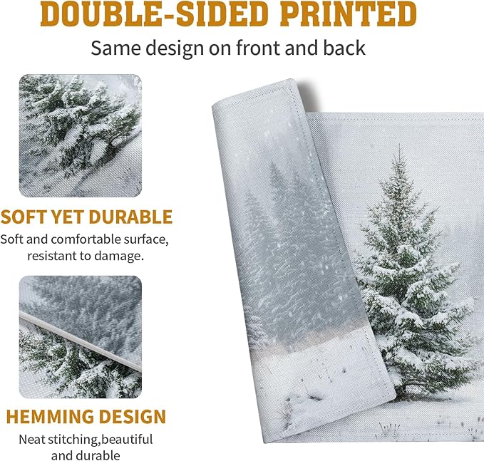 Winter placemat with double-sided pine tree print, soft fabric, folded corner.