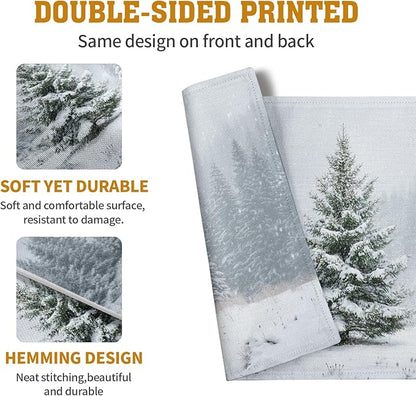 Winter placemat with double-sided pine tree print, soft fabric, folded corner.