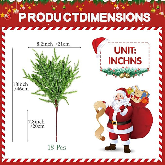 18-inch artificial pine branch with green needles, shown with size diagram