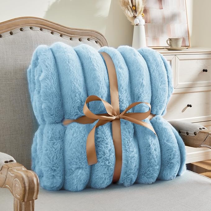 Light Blue Faux Rabbit Fur Throw Blanket – 50"x60" | 770GSM Double-Sided Luxury Fluffy Blanket | All Seasons | 3D Striped Plush Couch Throw