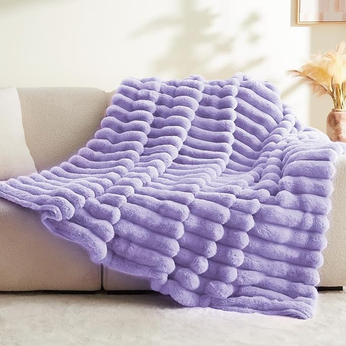 Lavender Faux Rabbit Fur Throw Blanket – 60"x80" | 770GSM Double-Sided Luxury Fluffy Blanket | 3D Striped Plush Throw for Two