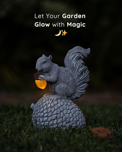 Solar Squirrel Garden Statue with Glowing LED Acorn - Hand-Painted Resin Decor
