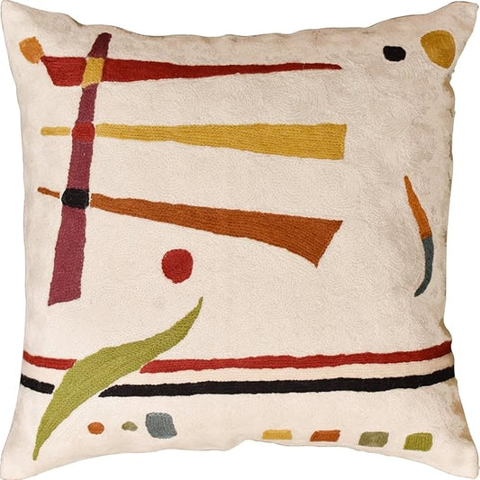 Cream abstract embroidered throw pillow cover with red, yellow, green, and black line art