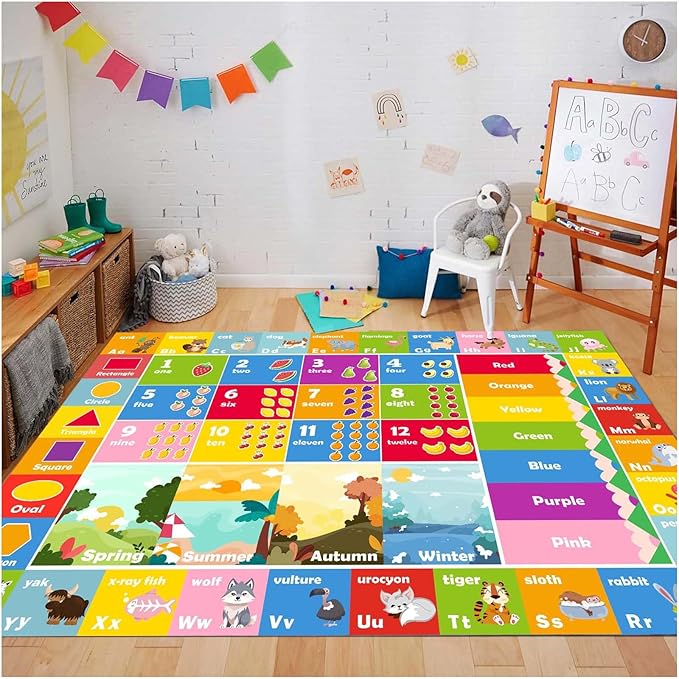 Colorful kids play mat rug with alphabet letters, number grid, and animal pictures