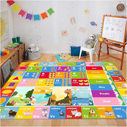 Colorful kids play mat rug with alphabet letters, number grid, and animal pictures