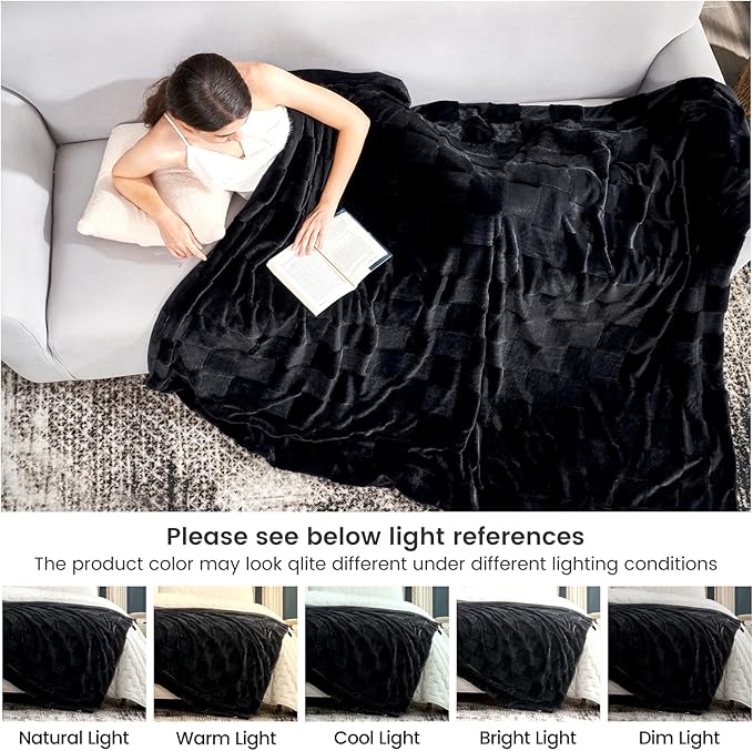 Black Checkered Faux Fur Queen Blanket – 90"x90" | 450GSM 3D Jacquard Check Pattern | OEKO-TEX Certified Bold Plush Throw for Bed & Couch