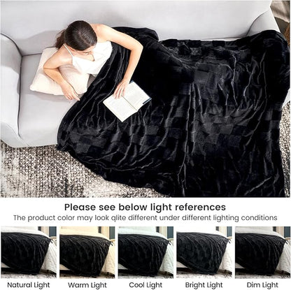 Black Checkered Faux Fur Queen Blanket – 90"x90" | 450GSM 3D Jacquard Check Pattern | OEKO-TEX Certified Bold Plush Throw for Bed & Couch