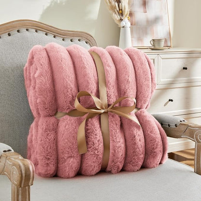 Pink Faux Rabbit Fur Throw Blanket – 50"x60" | 770GSM Double-Sided Luxury Fluffy Blanket | 3D Striped Plush Couch Throw for Women