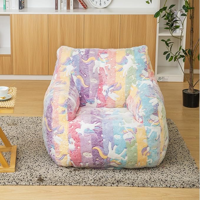 Rainbow Unicorn Bean Bag Armchair - Pastel Cloud Print Memory Foam Chair with Washable Cover for Kids Room, Reading, and Magical Family Moments