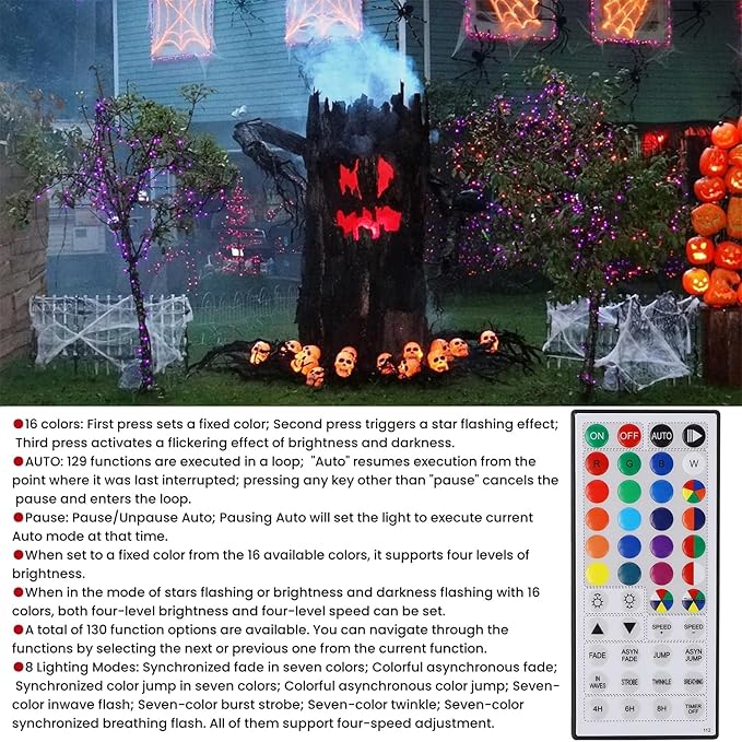 RGB decorative string lights with multicolor bulbs for outdoor yard displays, remote-ready controller