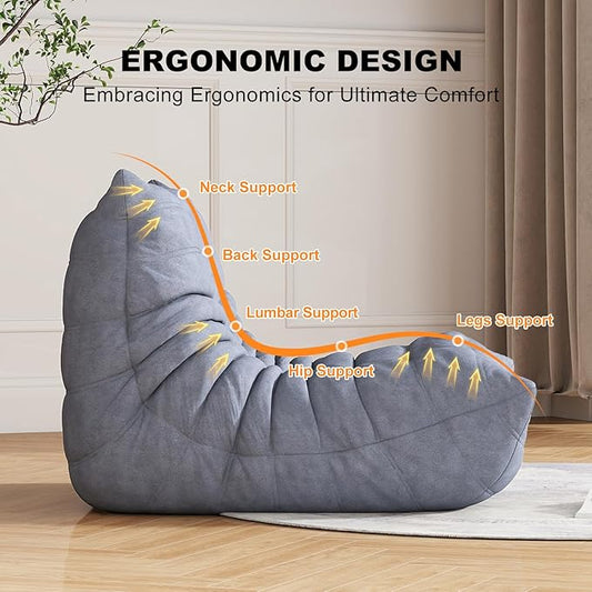 Slate Blue Microfiber Ripple Single Floor Lounge Chair - Togo-Style Sophisticated Solo Foam Seat for Design-Led Interiors, Nursery, and Elevated Reading Corners