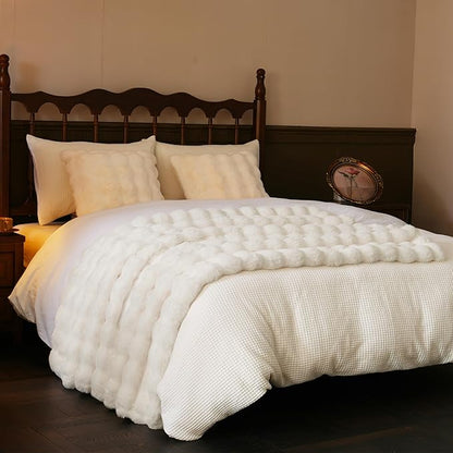 Cream White Bubble Faux Fur Throw Blanket – 50"x60" | 1300GSM Ultra-Thick Double Faux Fur | 3D Bubble Texture | Anti-Shedding | Gift for Women