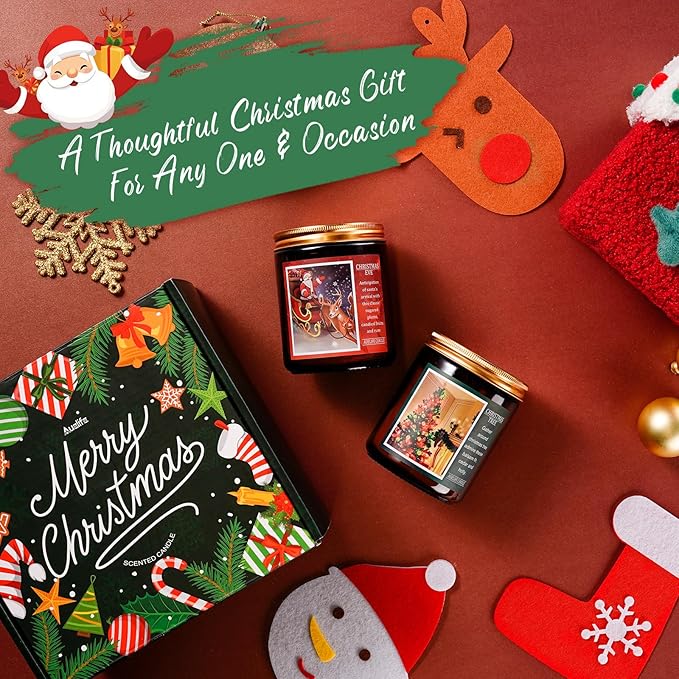 4-pack scented soy candle set with gold lids and holiday labels, with gift items nearby