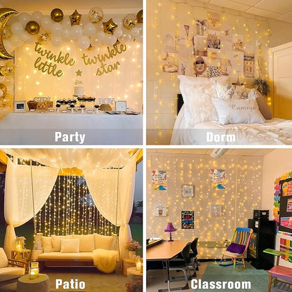 Warm White Curtain Lights – 300 LED 9.8x9.8ft | Remote Control Dimmable | UL Listed IP44 | Bedroom Backdrop Wedding Christmas Patio Dorm Indoor Outdoor